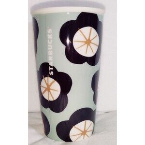 Starbucks Green Spring Black Floral Ceramic Traveler Tumbler Coffee Cup 12 oz